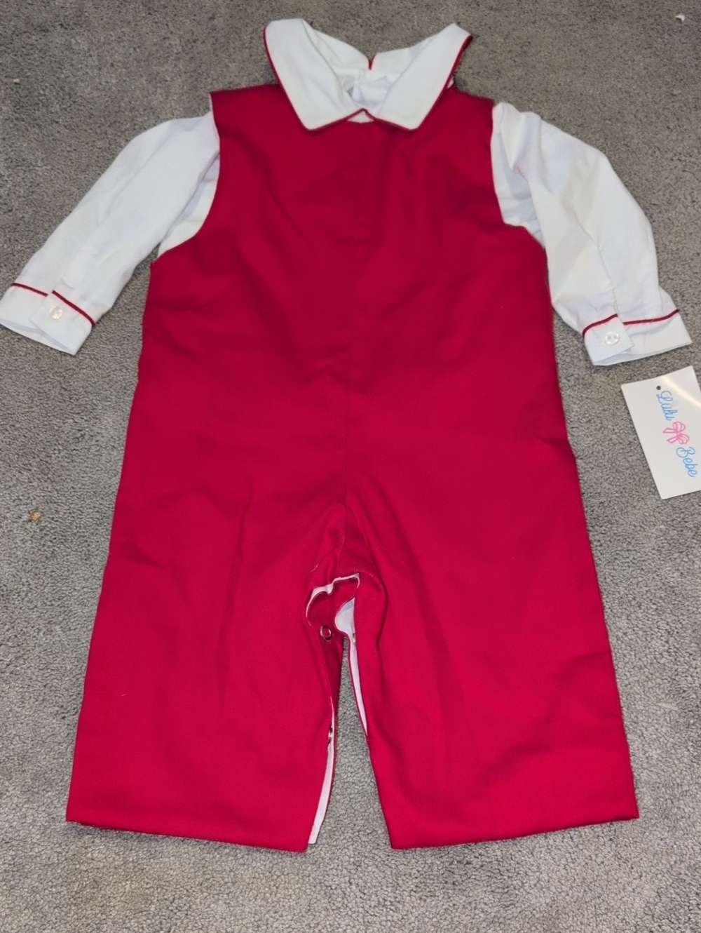 NWT Lulu Bebe Boys Red Shortall with White Collared Shirt. SZ 9 Months